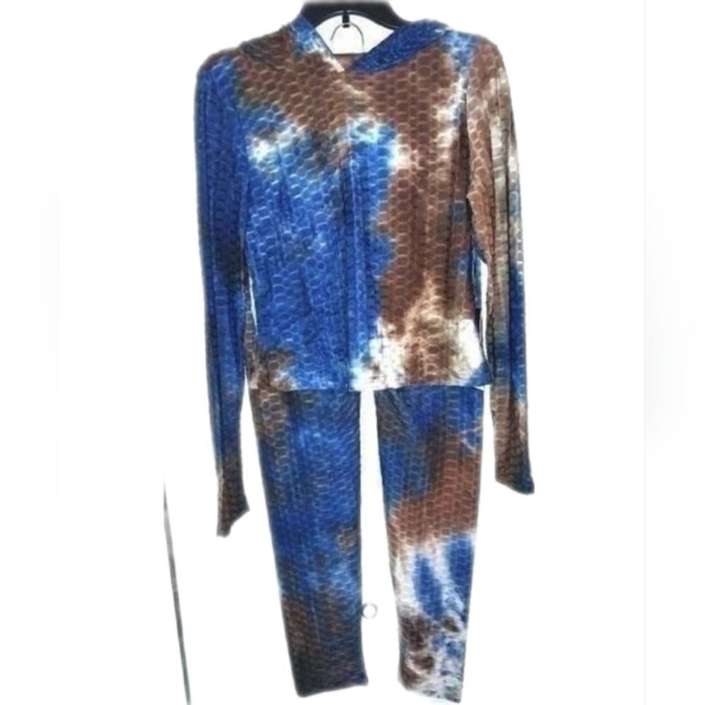 Women's Honeycomb Bubble Texture Tie Dye Butt Lift Activewear Sweatsuit Hooded M